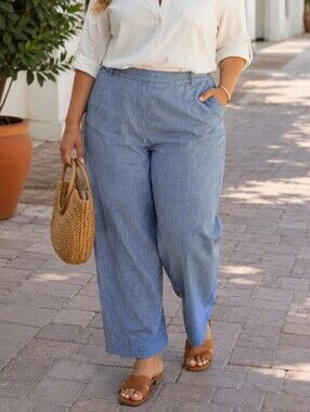 Reitmans Light Blue Linen-Blend Pull-On Pants Plus Size | Casual Coastal Chic